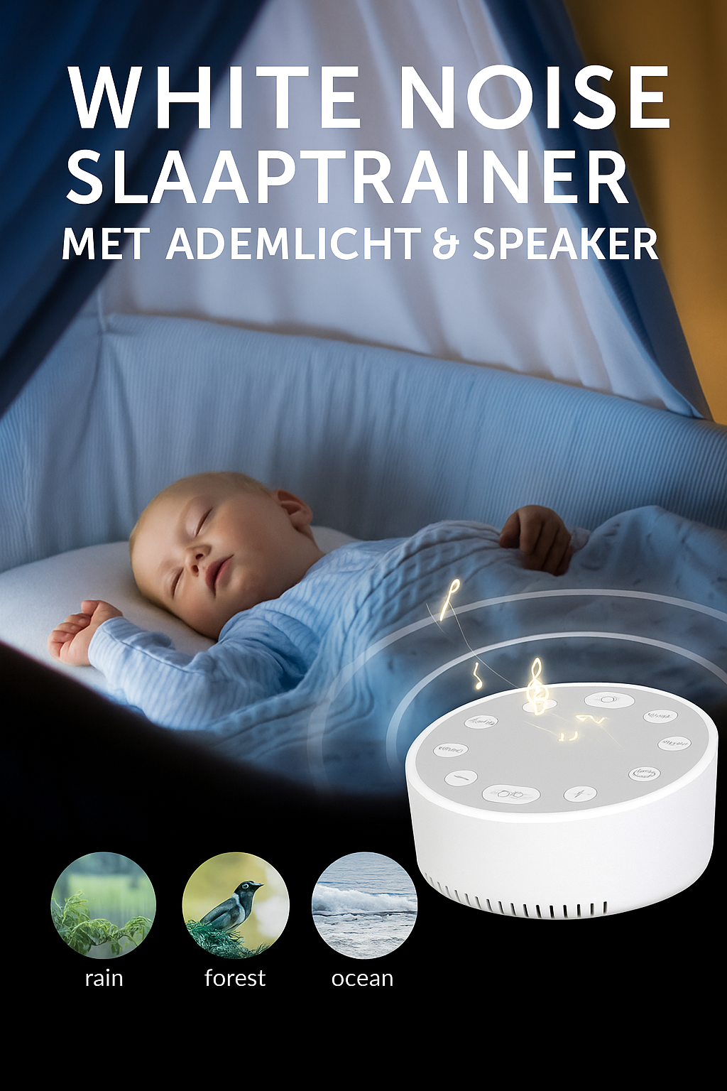 White Noise Slaaptrainer met Ademlicht & Speaker – Voor een Diepe, Rustige Slaap