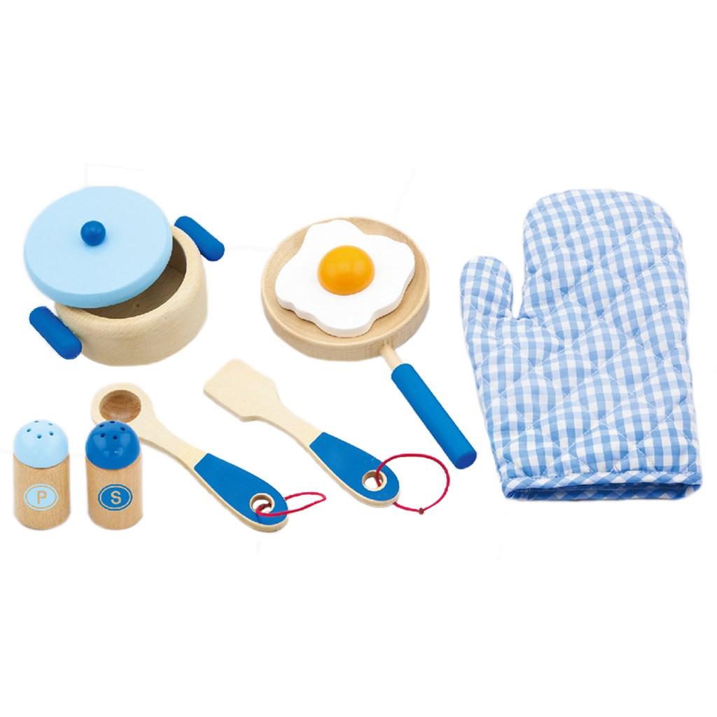 Houten kinderservies Viga-ontbijt blauw