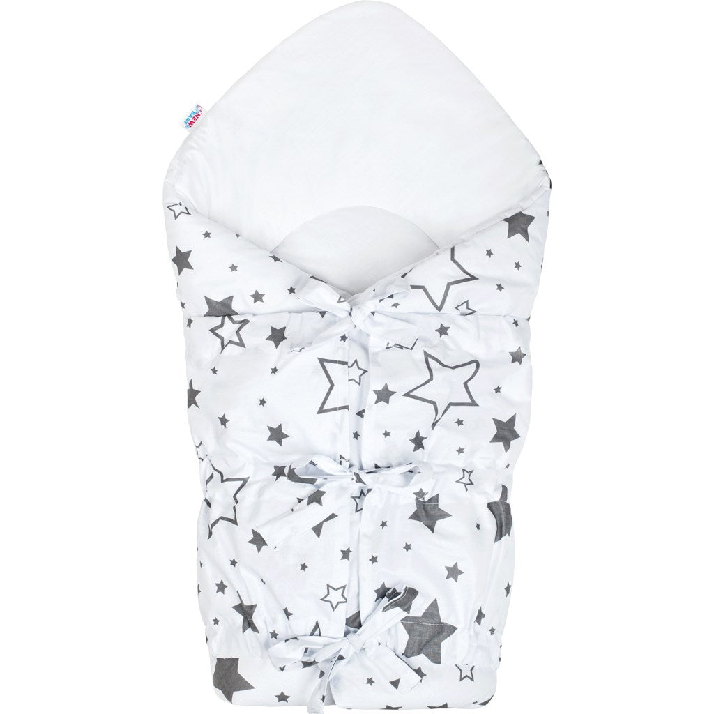 Klassieke inbakerdoek met striksluiting New Baby wit met sterren grijs – productfoto