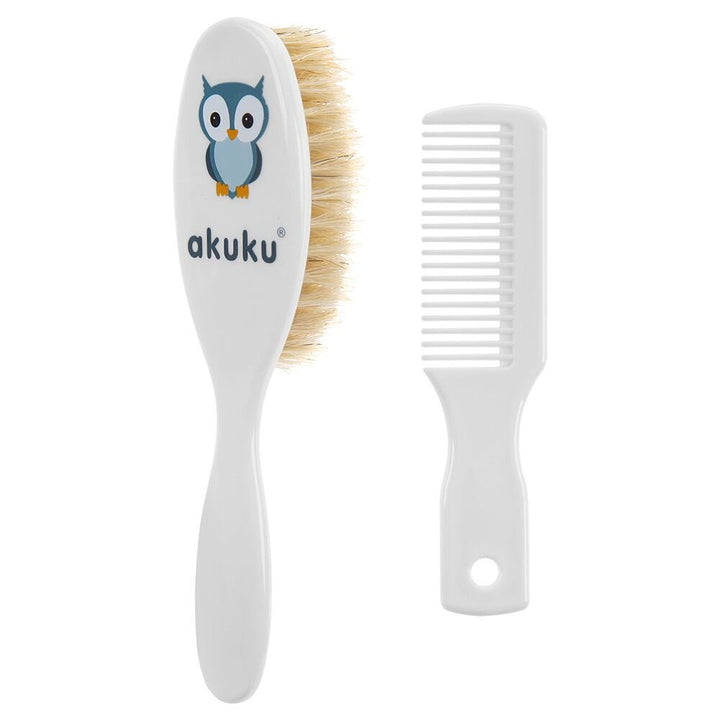 Borstel en kam met natuurlijk haar Akuku uil wit