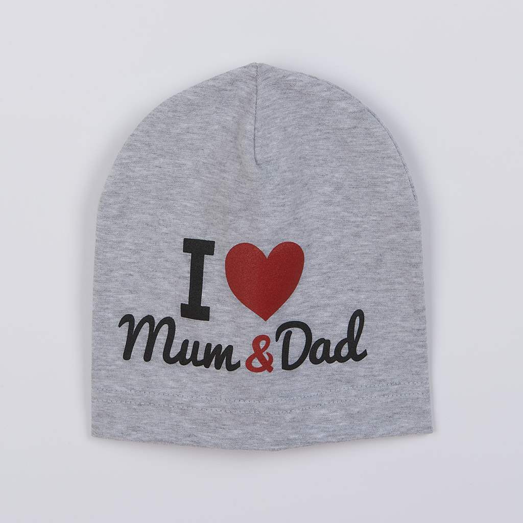 Babymutsje New Baby I Love Mum and Dad grijs, maat 3-9 mnd
