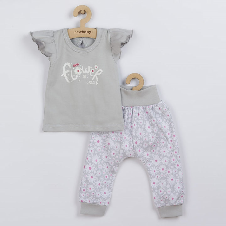 New Baby Happy Flower 2-delige katoenen babyset grijs, maat 56 (0-3 mnd)
