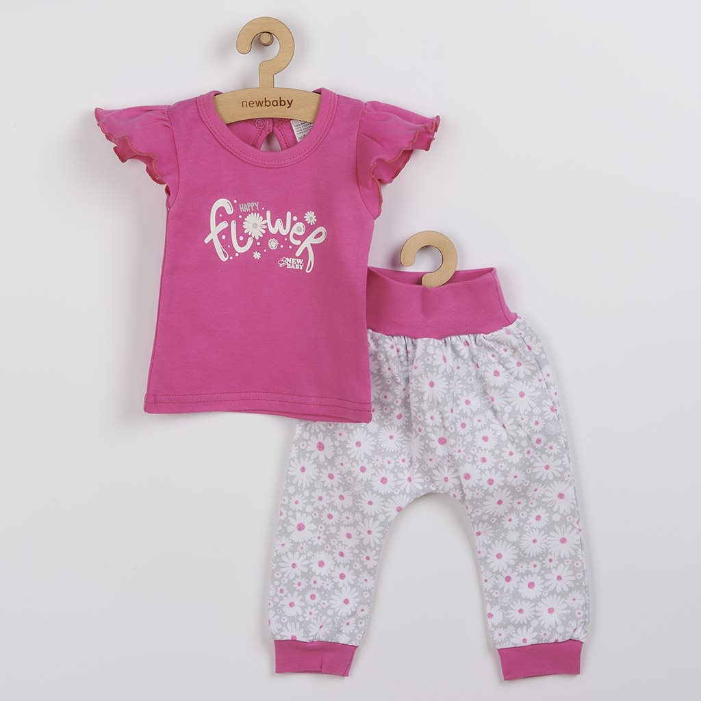 New Baby Happy Flower 2-delige katoenen babyset donkerroze, maat 56 (0-3 mnd)