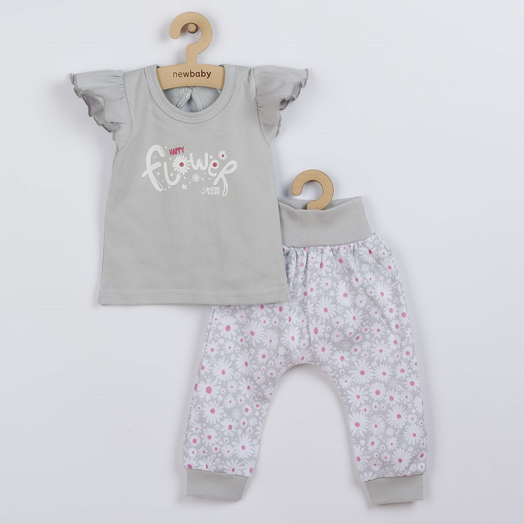 New Baby Happy Flower 2-delige katoenen babyset grijs, maat 68 (4-6 mnd)