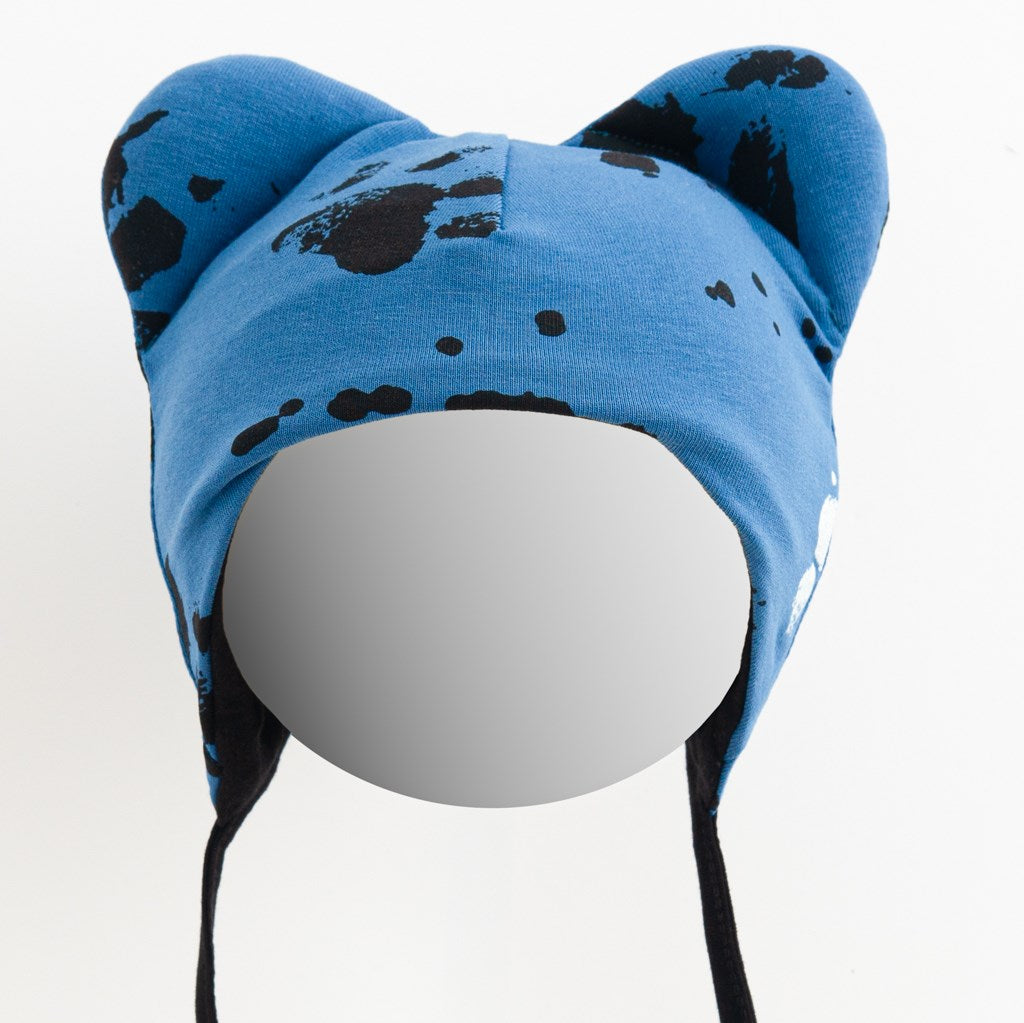 Katoenen babymutsje met oortjes New Baby paw blauw, maat 56 (0-3 mnd)