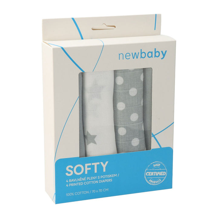 New Baby Softy bedrukte katoenen hydrofiele luiers 70 x 70 cm 4 st. grijs en wit