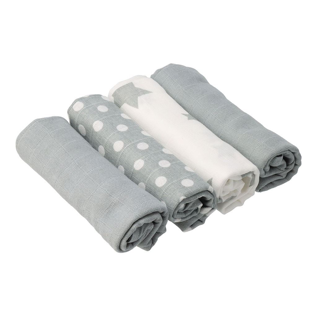 New Baby Softy bedrukte katoenen hydrofiele luiers 70 x 70 cm 4 st. grijs en wit