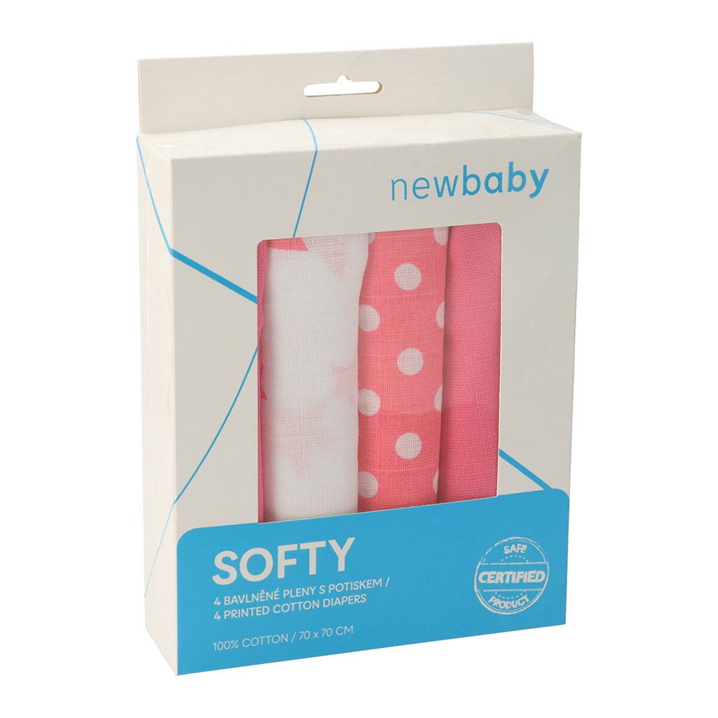New Baby Softy bedrukte katoenen hydrofiele luiers 70 x 70 cm 4 st. roze en wit