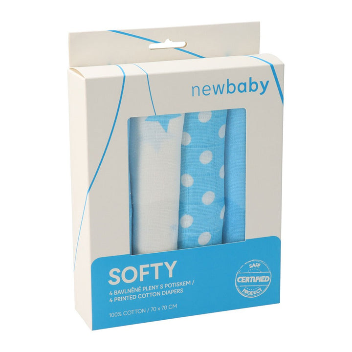New Baby Softy bedrukte katoenen hydrofiele luiers 70 x 70 cm 4 st. turquoise en wit