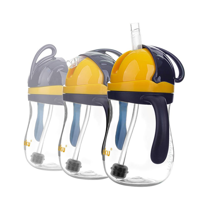 Magische fles met rietje en gewichtje Akuku 280 ml geel