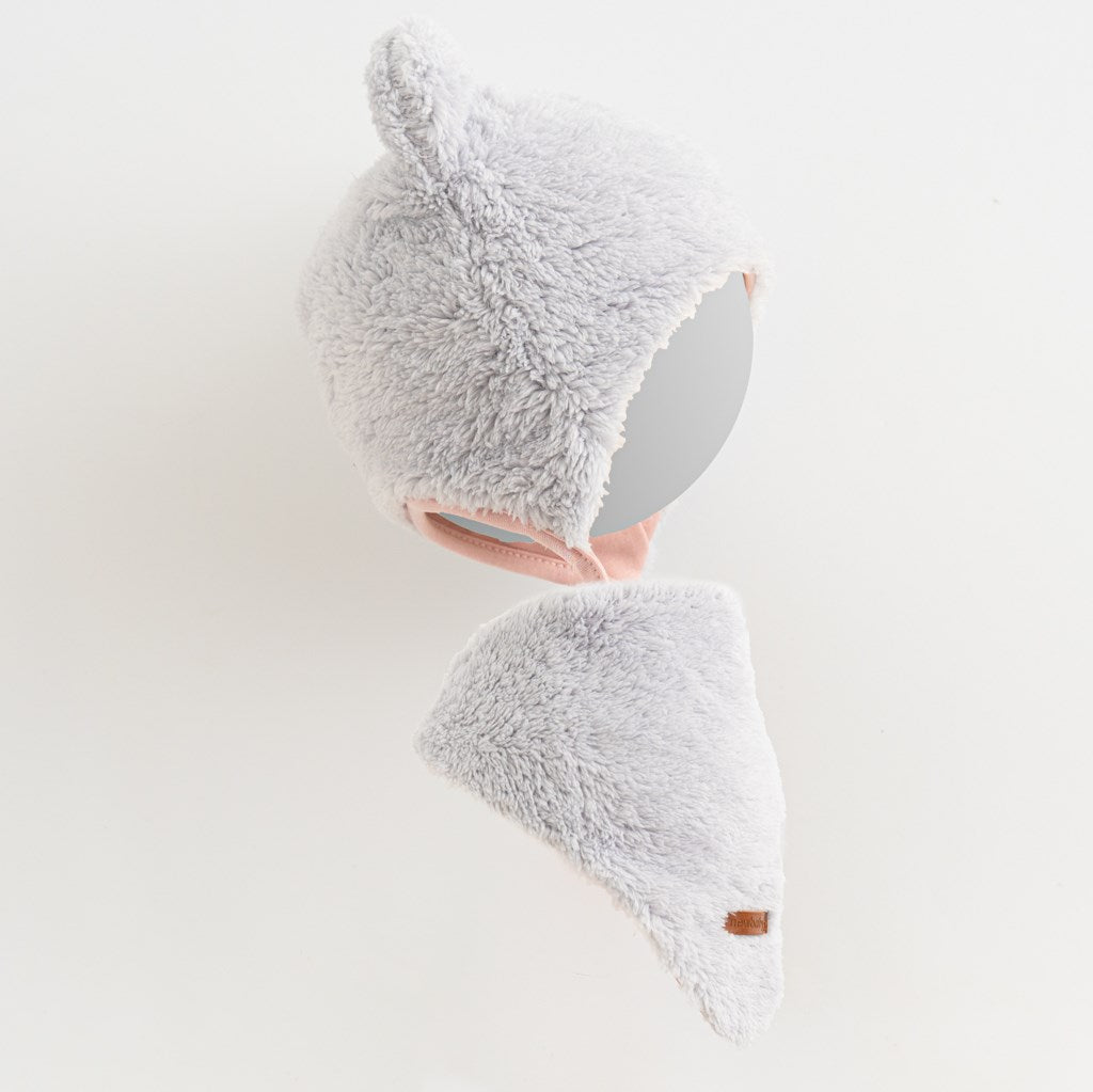 Winter-babymutsje met nekwarmer New Baby Teddy bear grijs-roze, maat 86 (12-18 mnd)