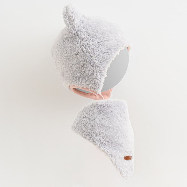 Winter-babymutsje met nekwarmer New Baby Teddy bear grijs-roze, maat 86 (12-18 mnd)