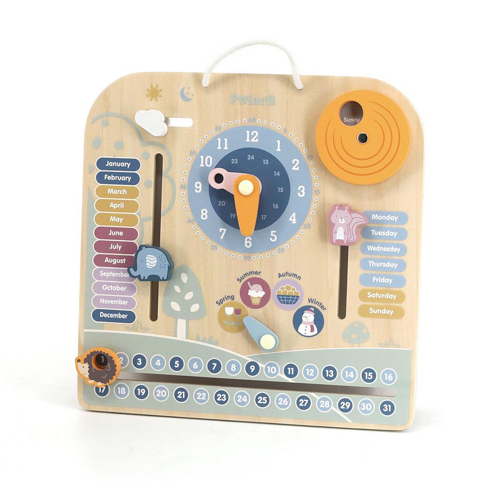 Houten kinderkalender met klok Viga