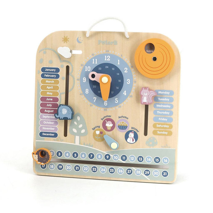 Houten kinderkalender met klok Viga