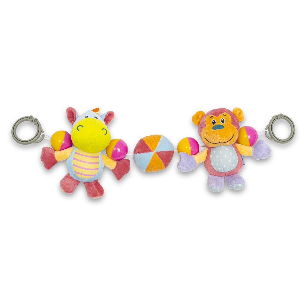 Baby Mix pluche kinderwagenrammelaar Nijlpaard en Aap