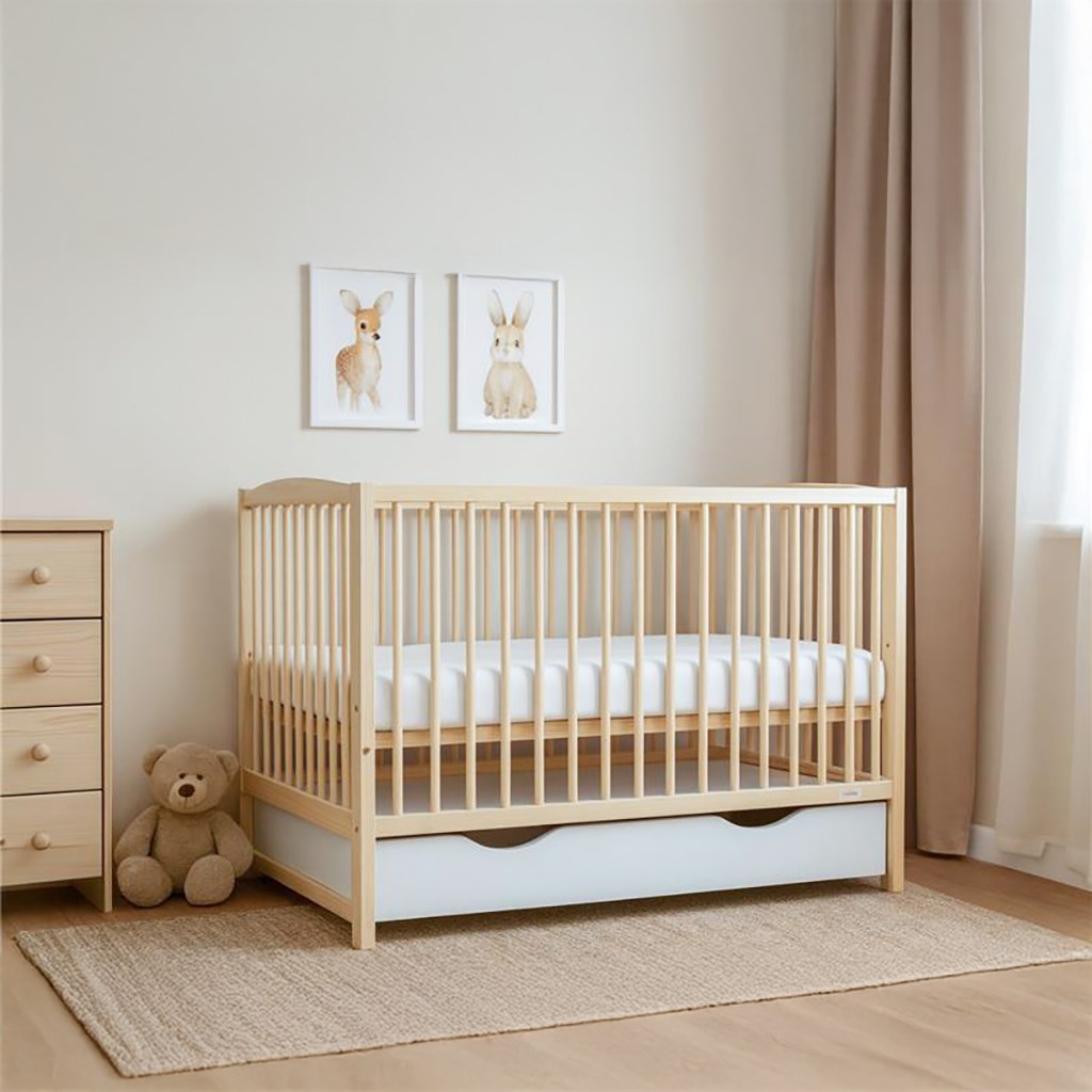 New Baby LILLY ledikant 120x60 met lade en neerklapbare zijkant – naturel – afbeelding 1