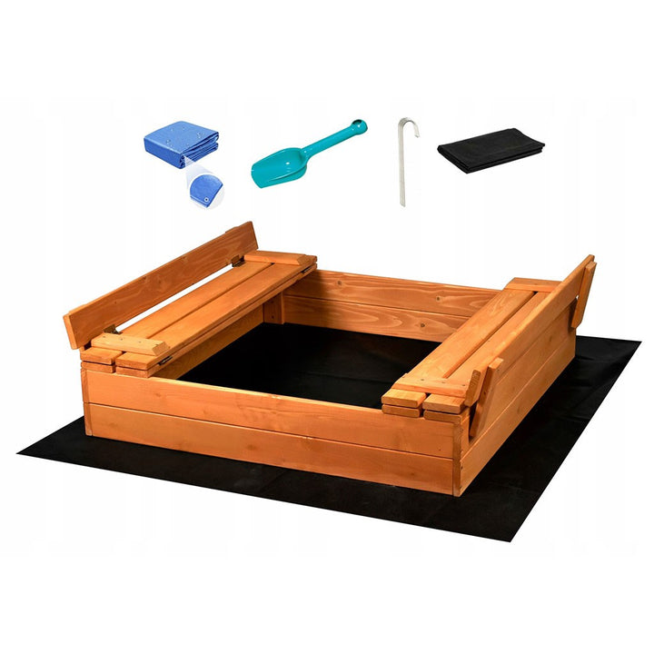 Houten kinderzandbak met deksel en bankjes Baby Mix 100x100 cm
