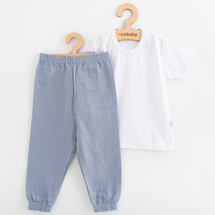 Katoenen T-shirt en mousseline broek set New Baby Kindergarten blauwgrijs