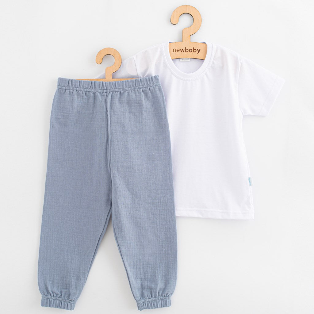 Katoenen T-shirt en mousseline broek set New Baby Kindergarten blauwgrijs