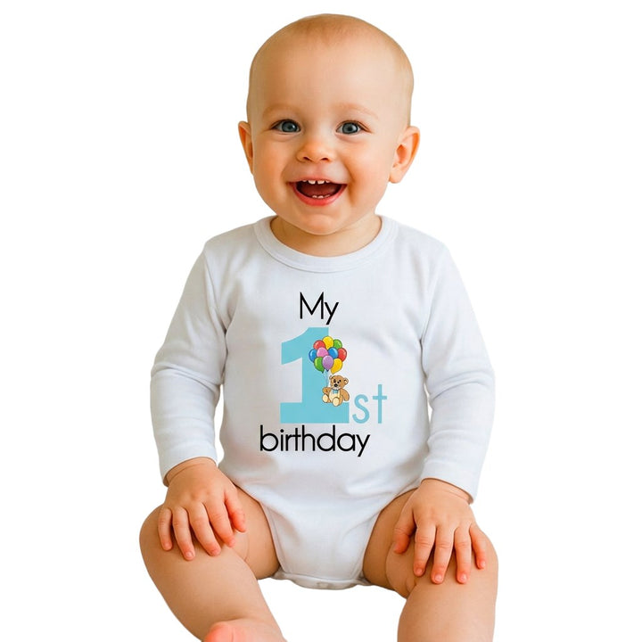 Babyromper met print New Baby Mijn eerste verjaardag blauw