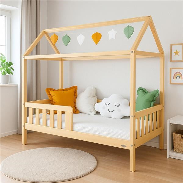 Kinderhuisbed met valbeveiliging en lattenbodem New Baby CASTELLO 160x80 cm naturel