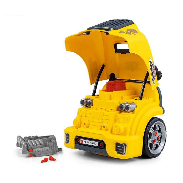 Realistisch model van de voorkant van een auto met openende motorkap Milly Mally N-GINE geel