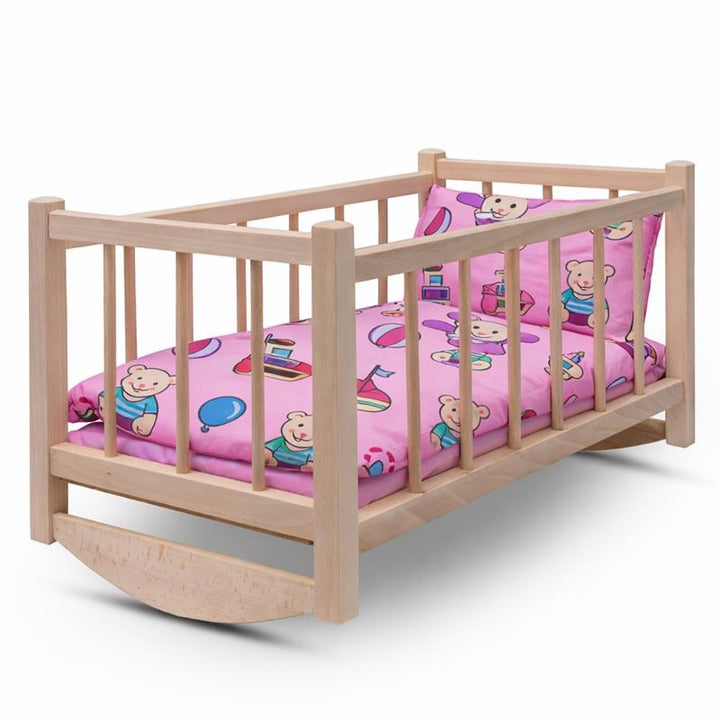 Houten poppenbedje-wieg met beddengoed Baby Mix beren